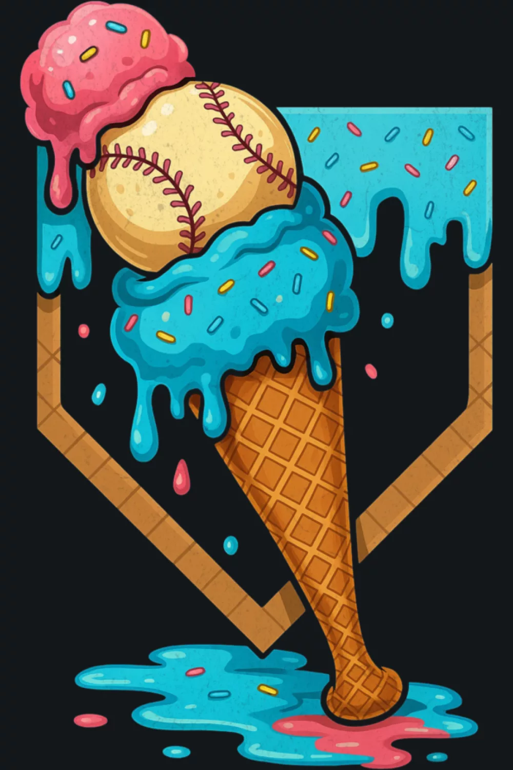 dripping baseball cone with home plate detail and bold melting drips for fans