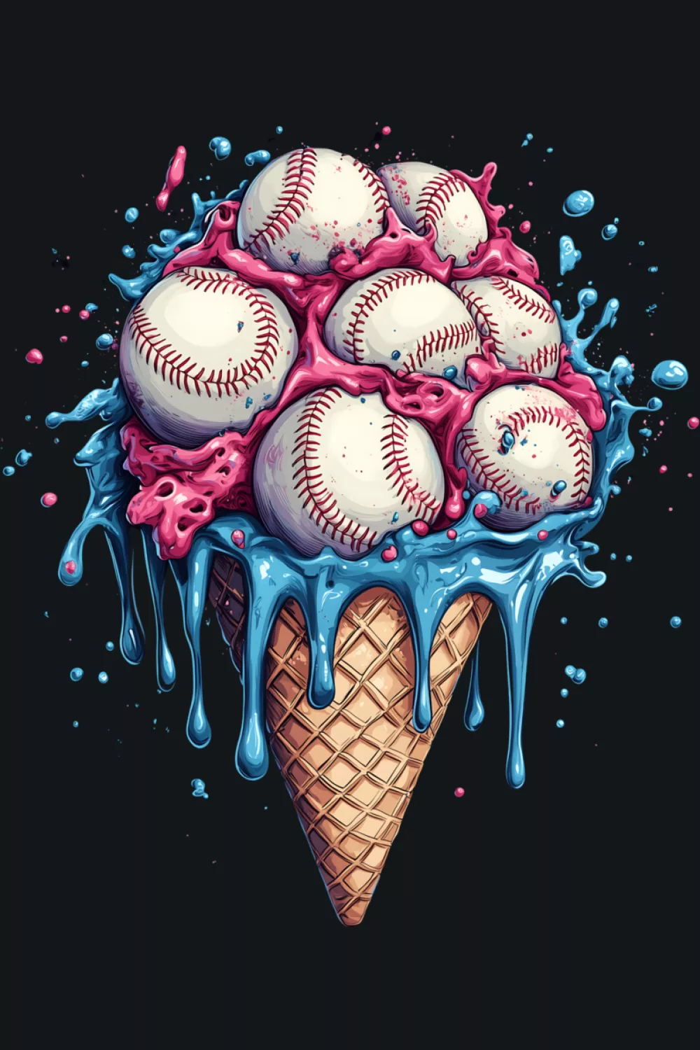youth friendly watercolor baseball drip cone with bright drips and a playful look
