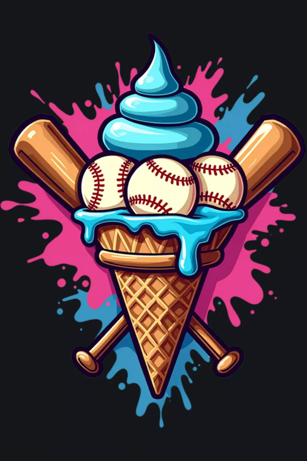 sports lover baseball ice cream cone with soft watercolor drips and fun summer vibe