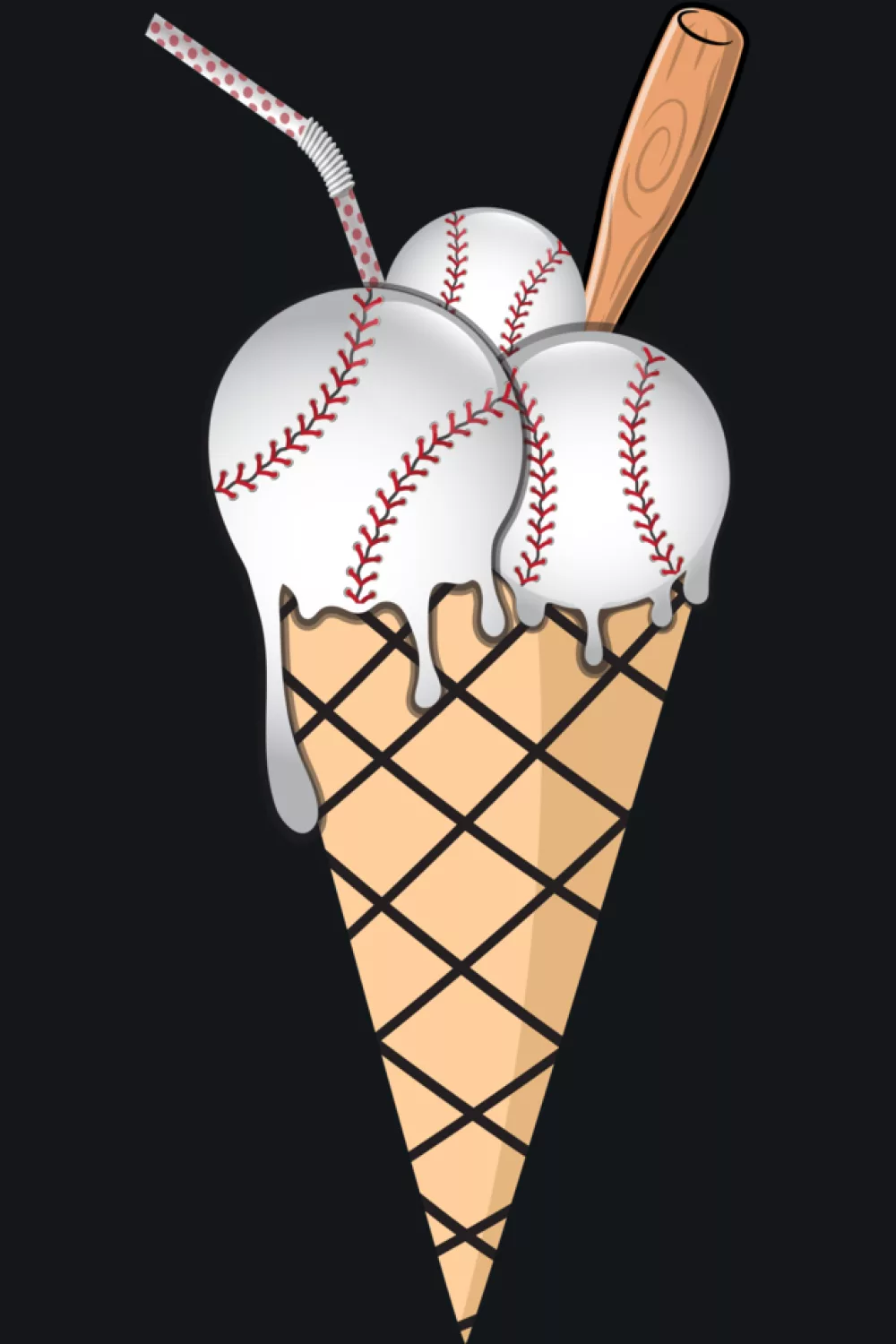 sports lover baseball ice cream cone with bright drips and fun summer energy