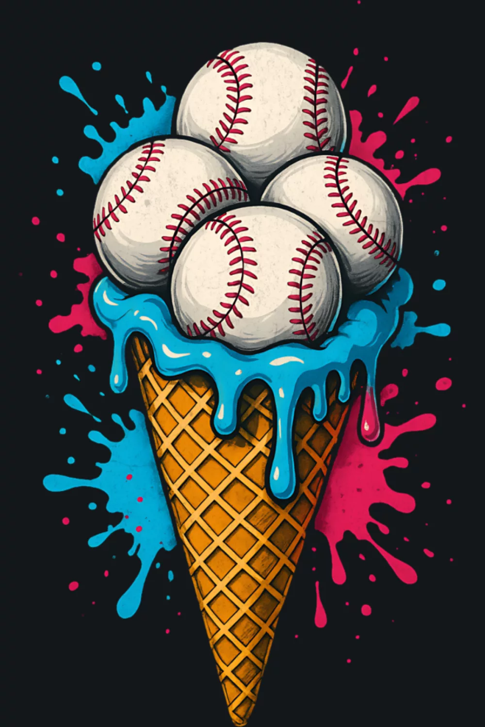 watercolor colorful baseball drip cone with bright splashes for summer baseball fans
