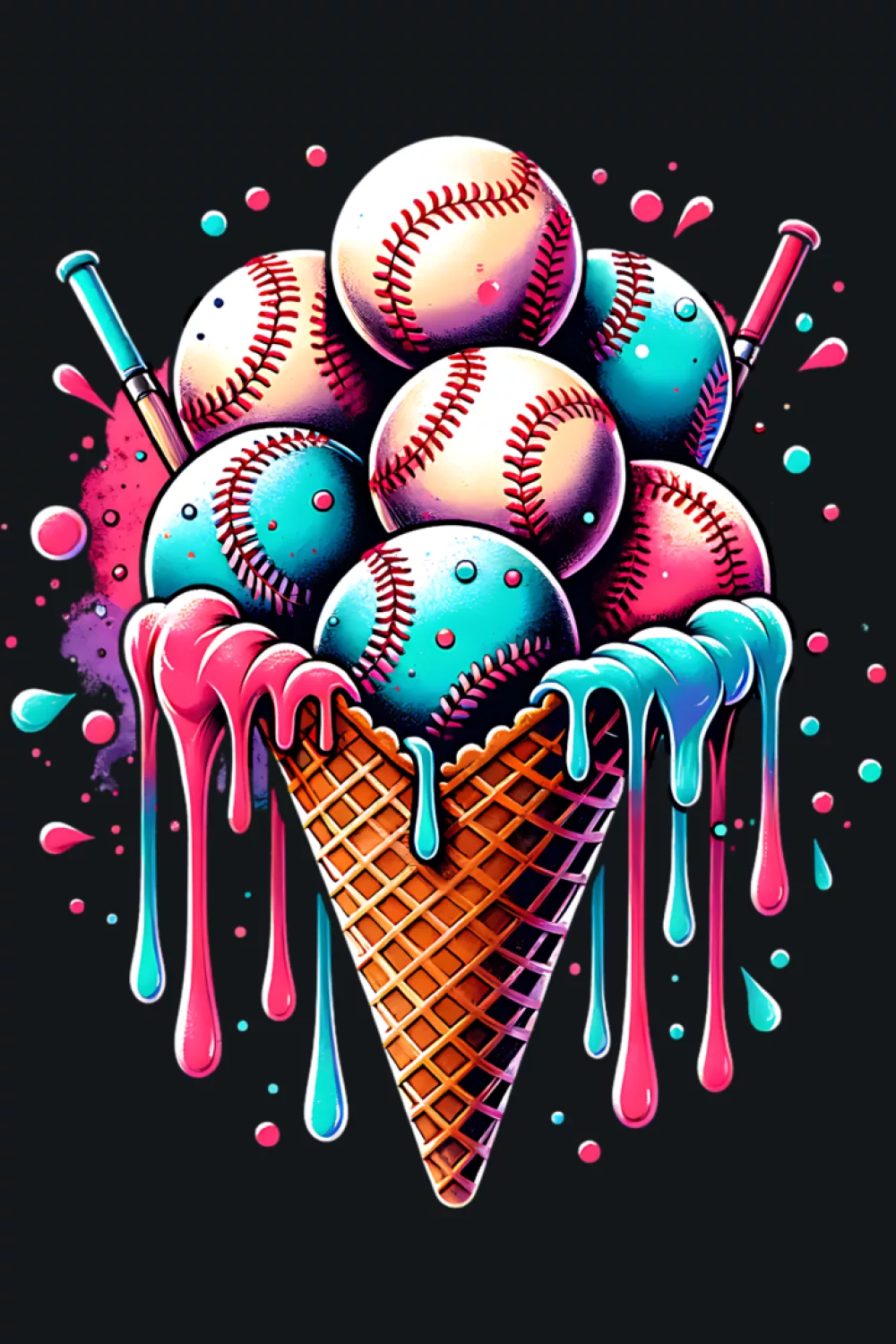 colorful watercolor baseball drip cone with bright splashes and candy like drips