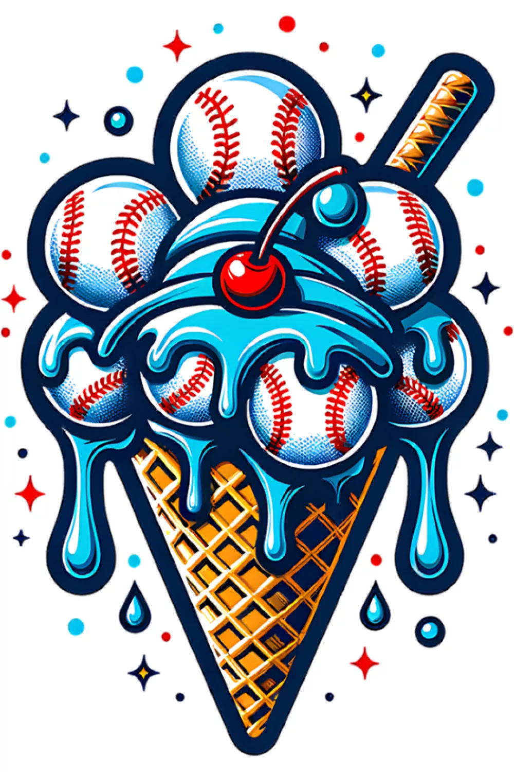 watercolor baseball scoop cone with bold drips and a playful splash background