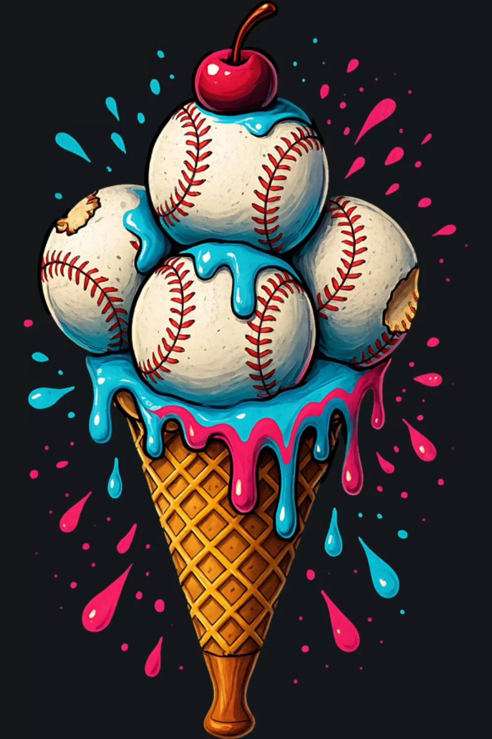 bright watercolor baseball drip cone with layered colors and melting drips