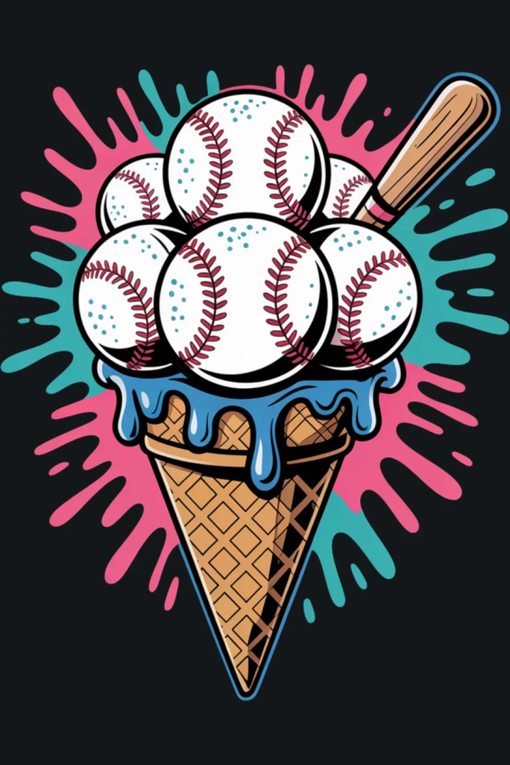watercolor baseball ice cream cone with soft drips and a warm summer palette
