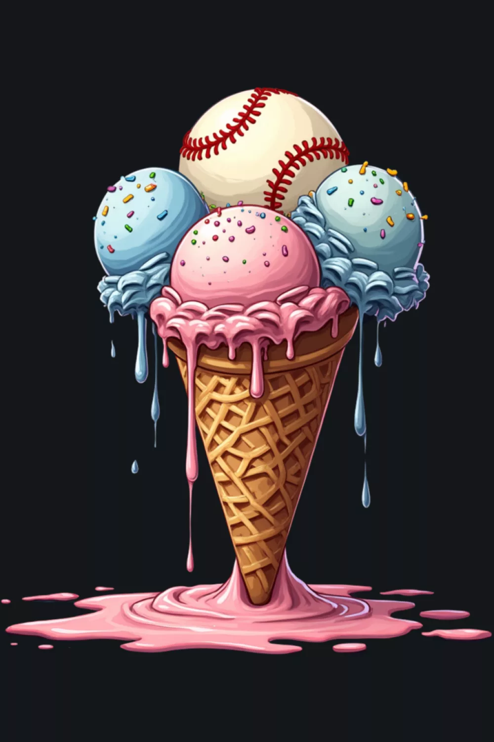 youth style baseball ice cream cone with watercolor drips and bright summer colors