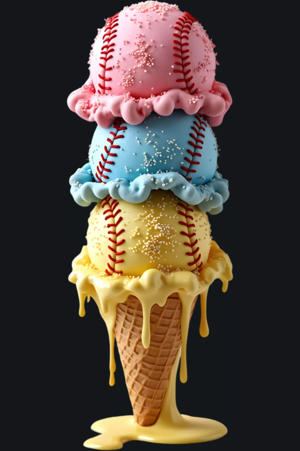 youth watercolor baseball ice cream cone with soft drips and bright accents
