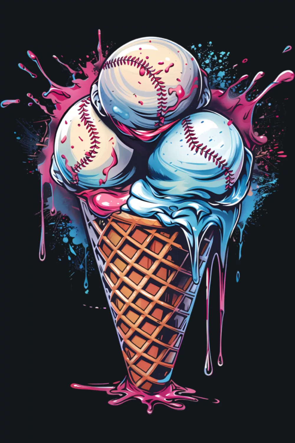 watercolor sports baseball ice cream cone with soft drips for sweet summer outfits