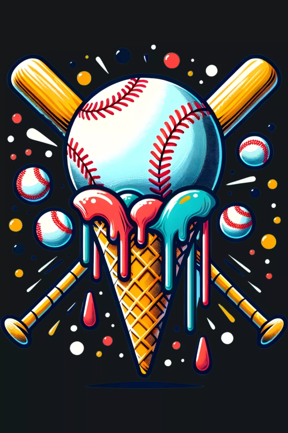 watercolor baseball cone with soft drips and bright accents for fans