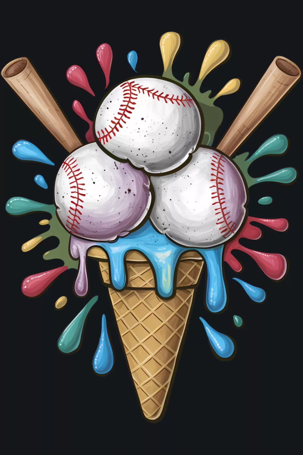 baseball ice cream cone watercolor with gentle drips and a bright summer palette