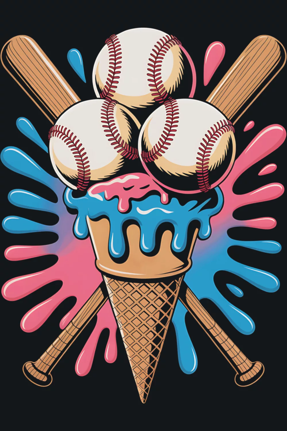 watercolor baseball drip cone with colorful splashes for bright summer fits