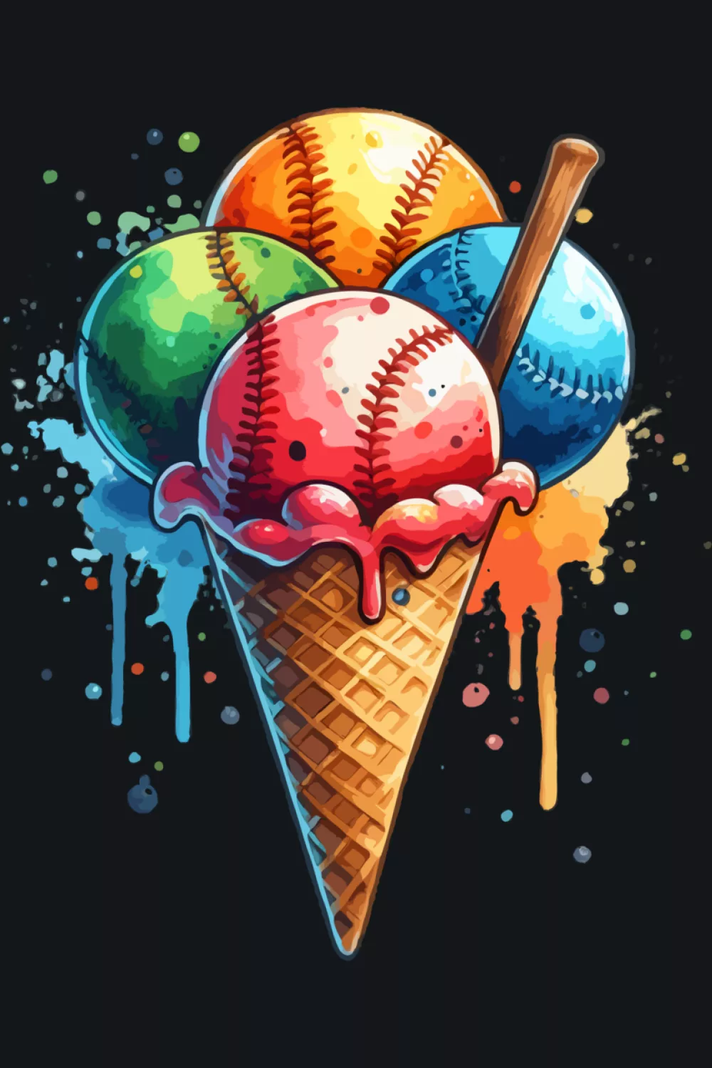 vibrant watercolor baseball cone with drips and a playful summer fan vibe