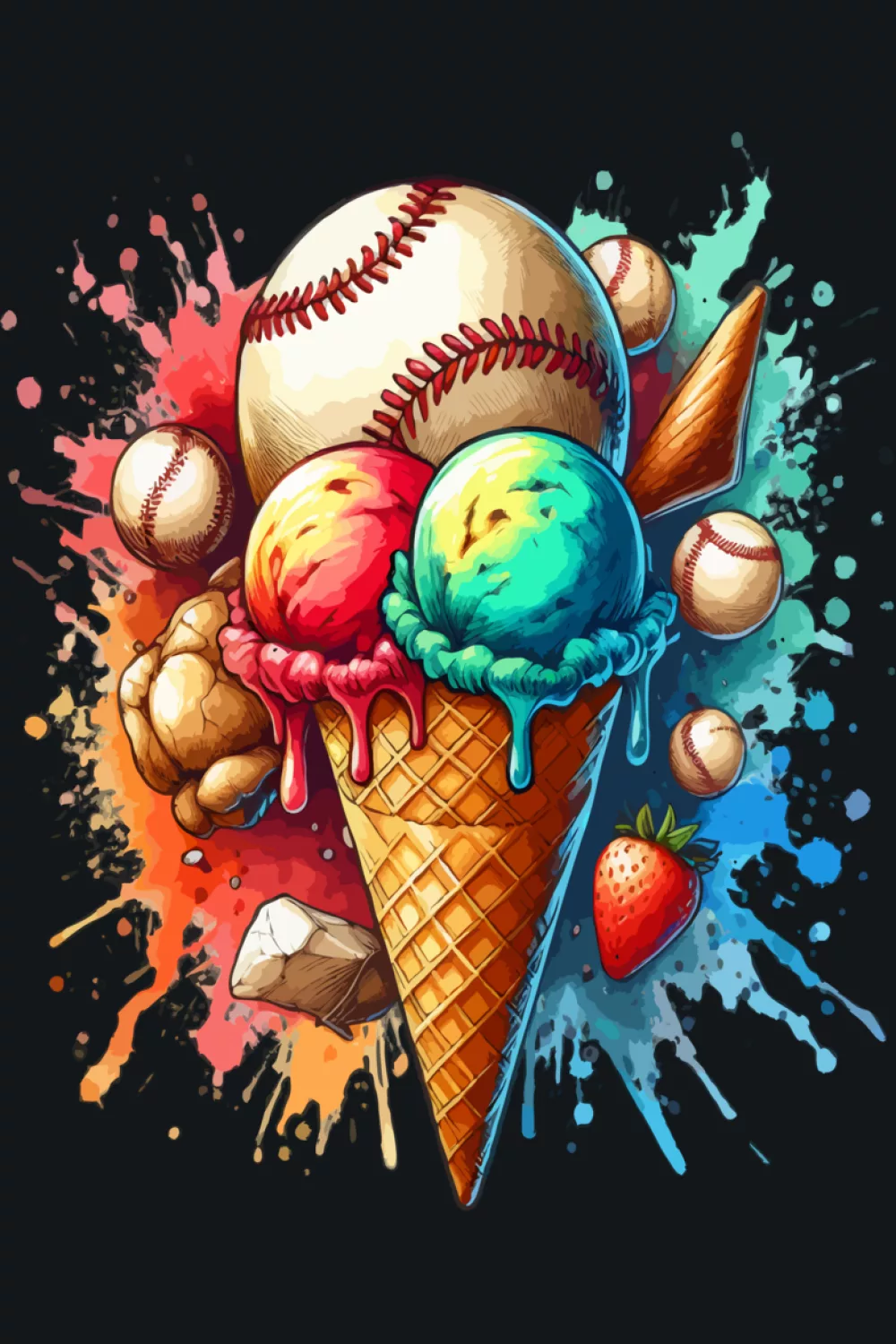 watercolor sports lover baseball ice cream cone with soft drips and bright summer accents