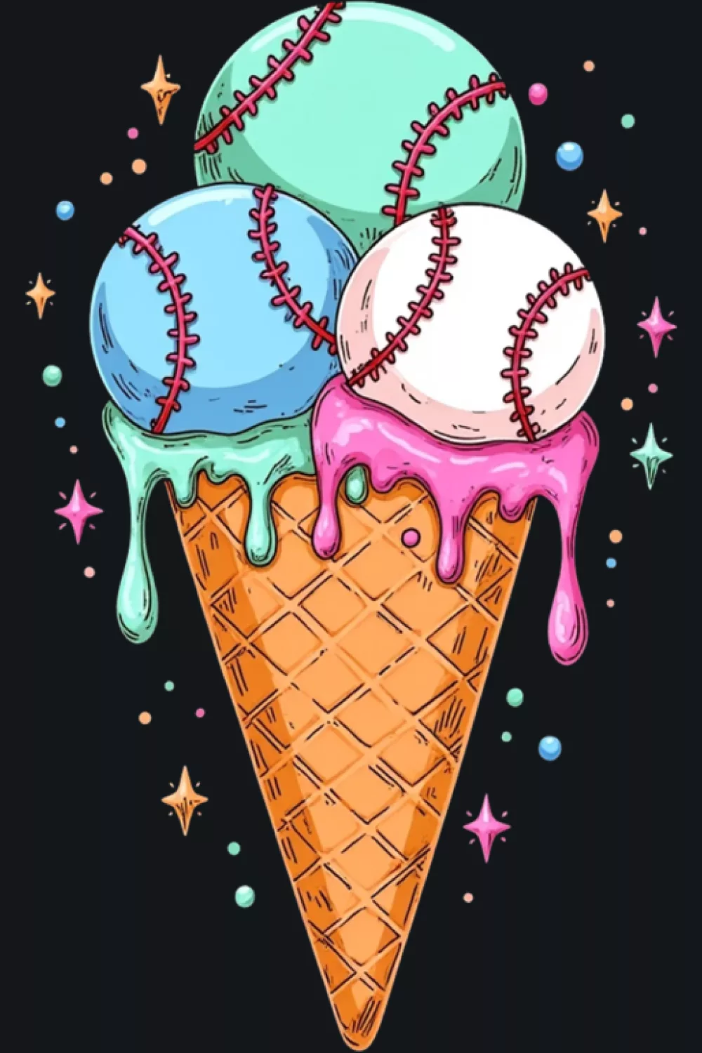 watercolor baseball ice cream cone with soft drips and playful splash accents
