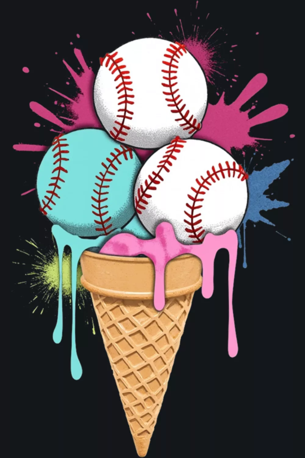 watercolor baseball scoop cone with dripping paint style splashes for summer fans