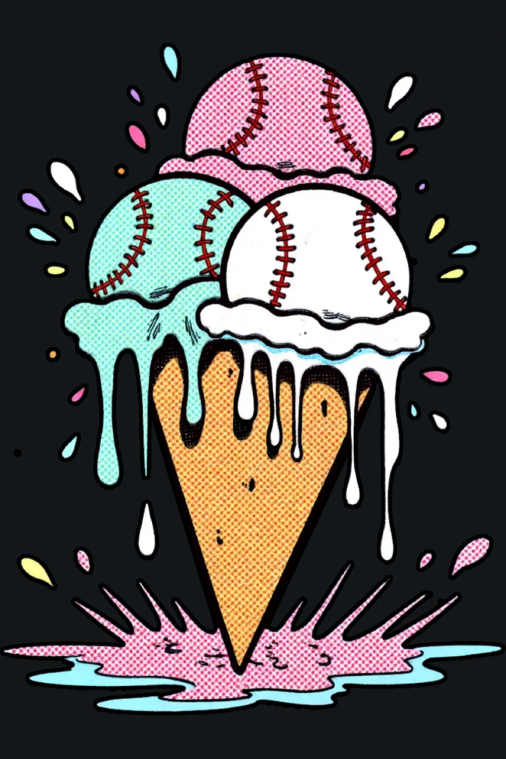 watercolor baseball ice cream cone with vibrant drips and a lively splash backdrop