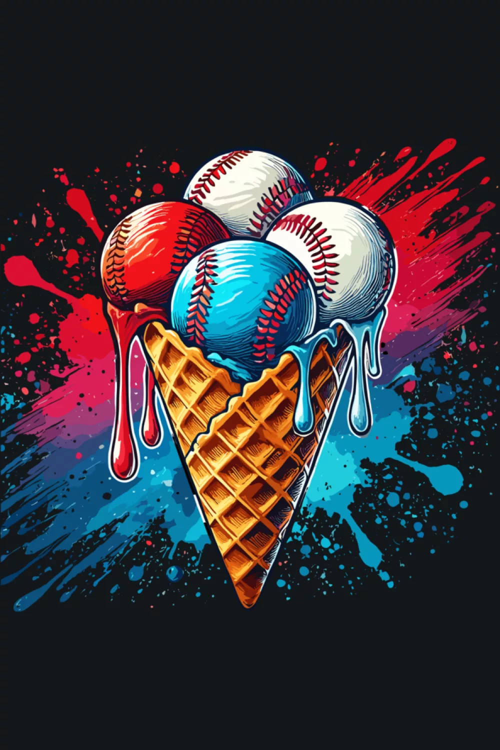 watercolor baseball ice cream cone with soft drip colors for sweet summer fans