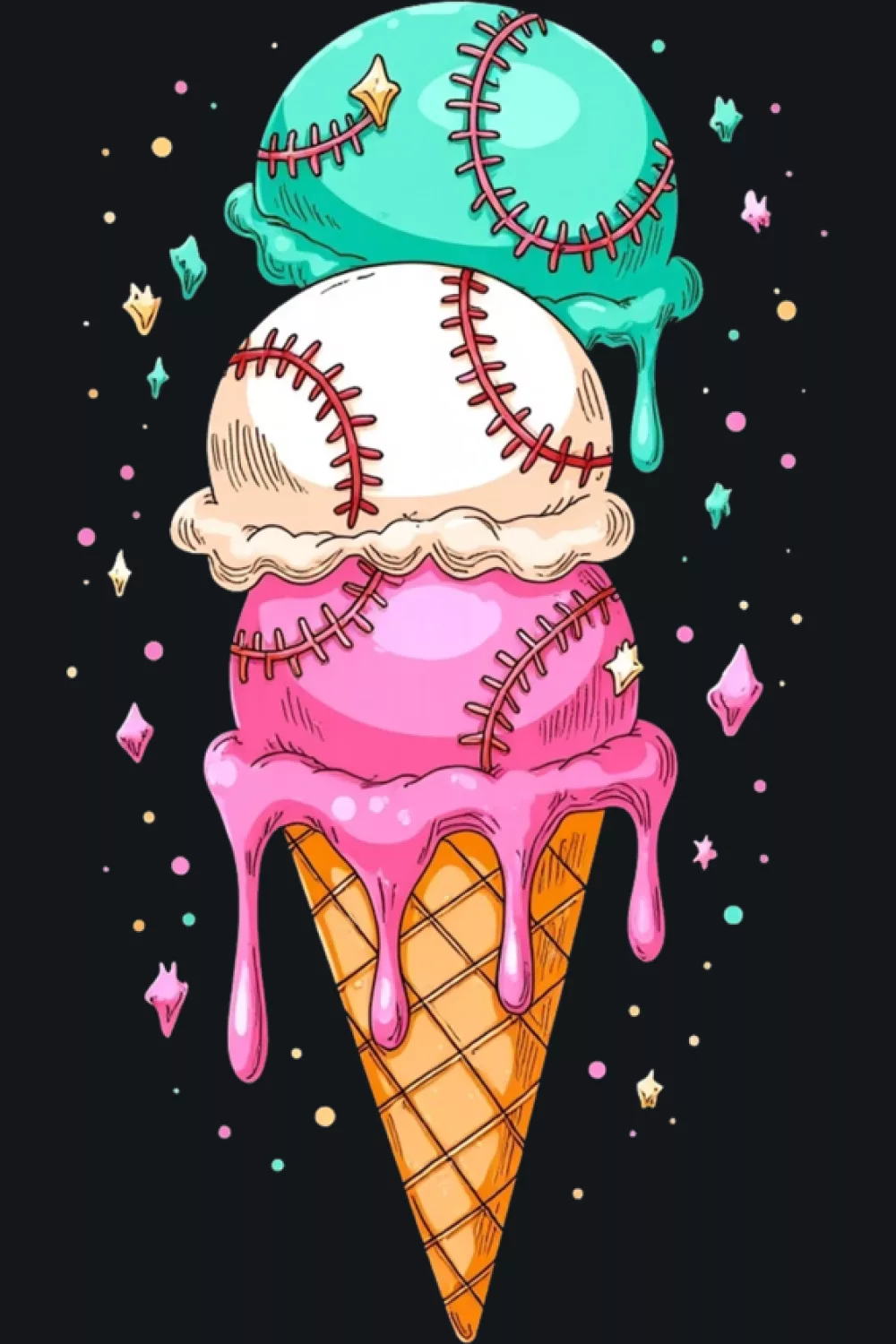 watercolor baseball cone with soft drips and bright accent splashes for summer games