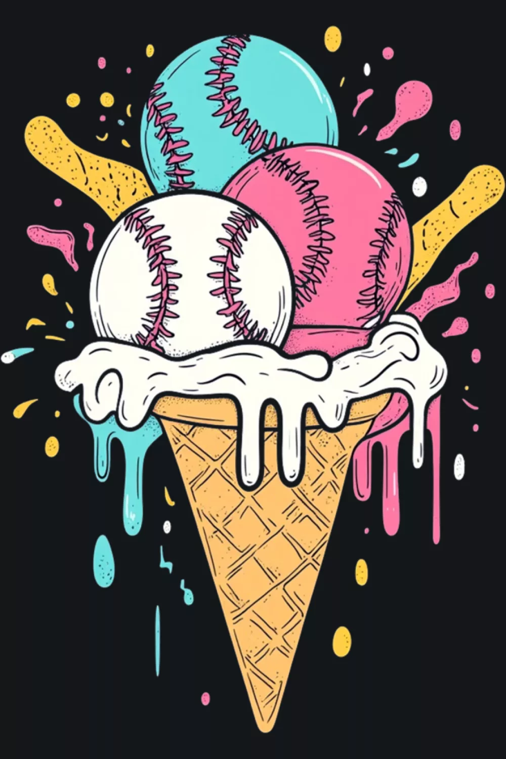 soft watercolor baseball ice cream cone with dripping accents for sweet summer fans