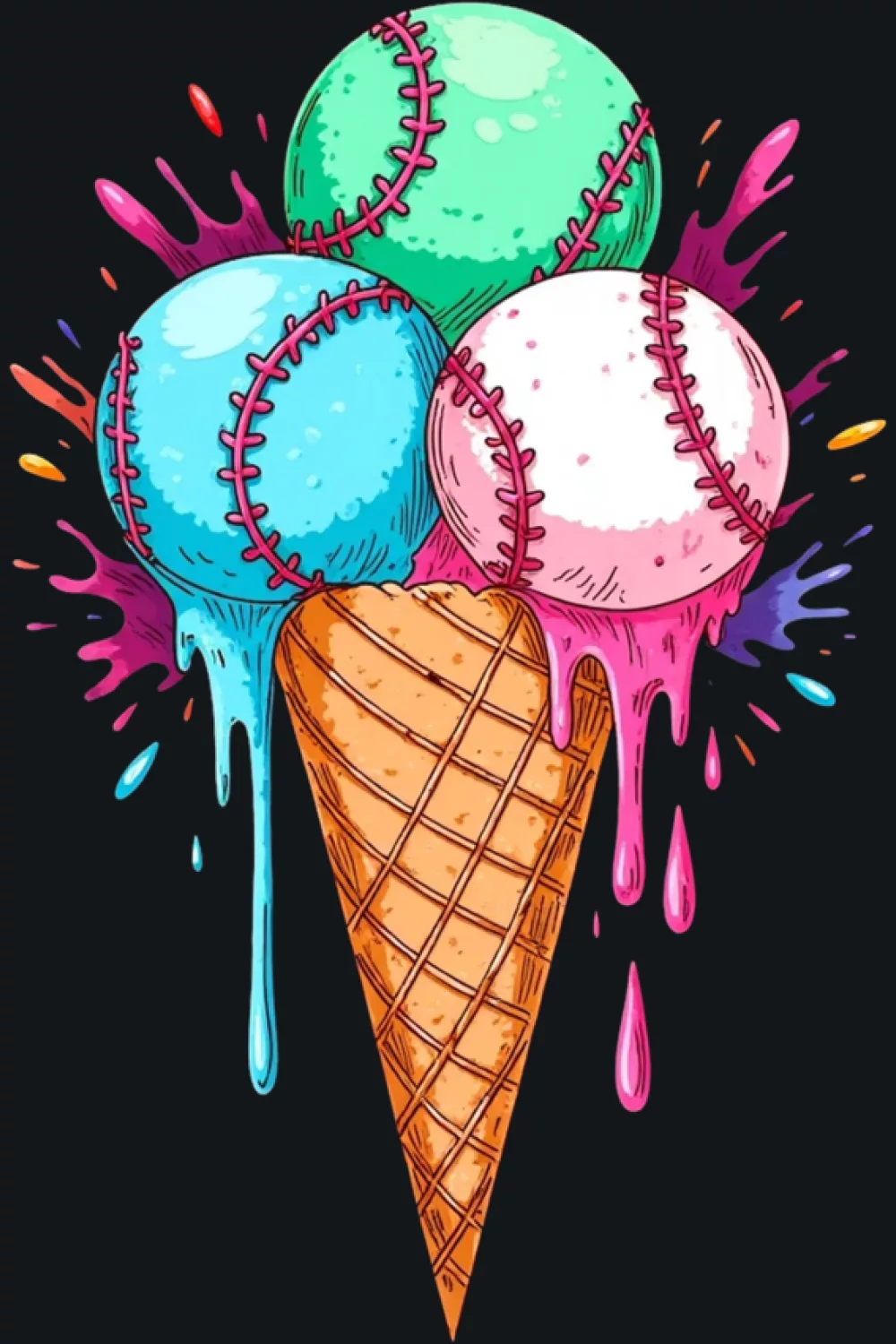 watercolor baseball ice cream cone with drips and soft splash accents for summer games