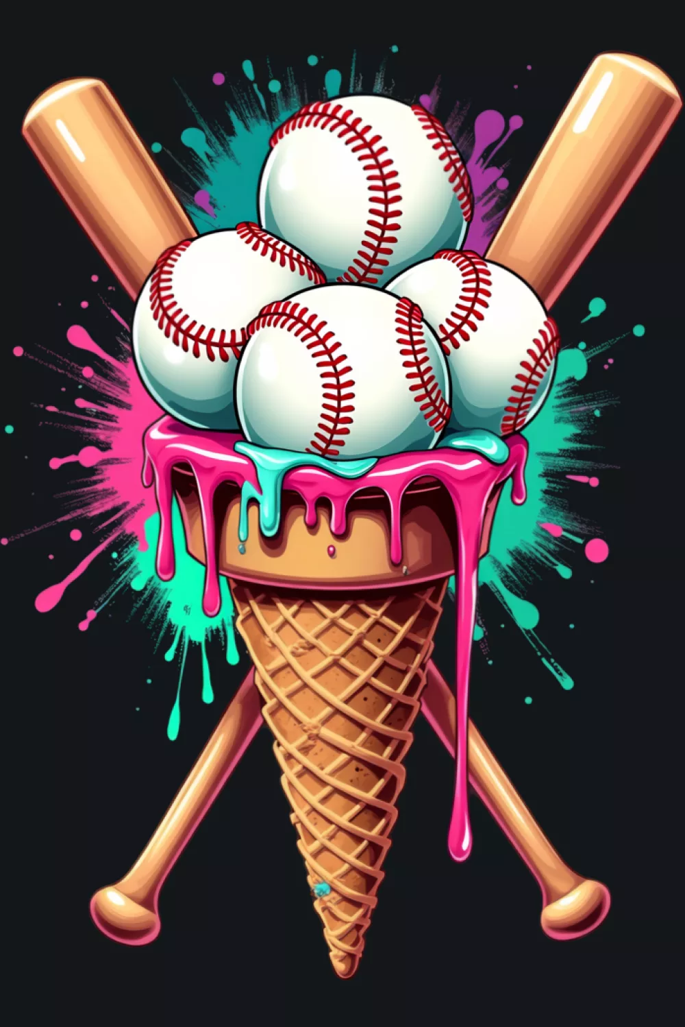 watercolor baseball ice cream cone with bright drips and soft splatter accents