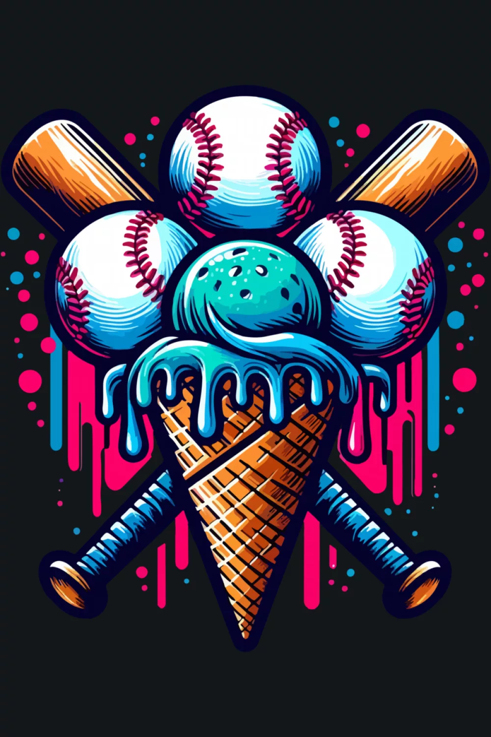 dripping baseball cone with watercolor splashes and a balanced sporty summer look