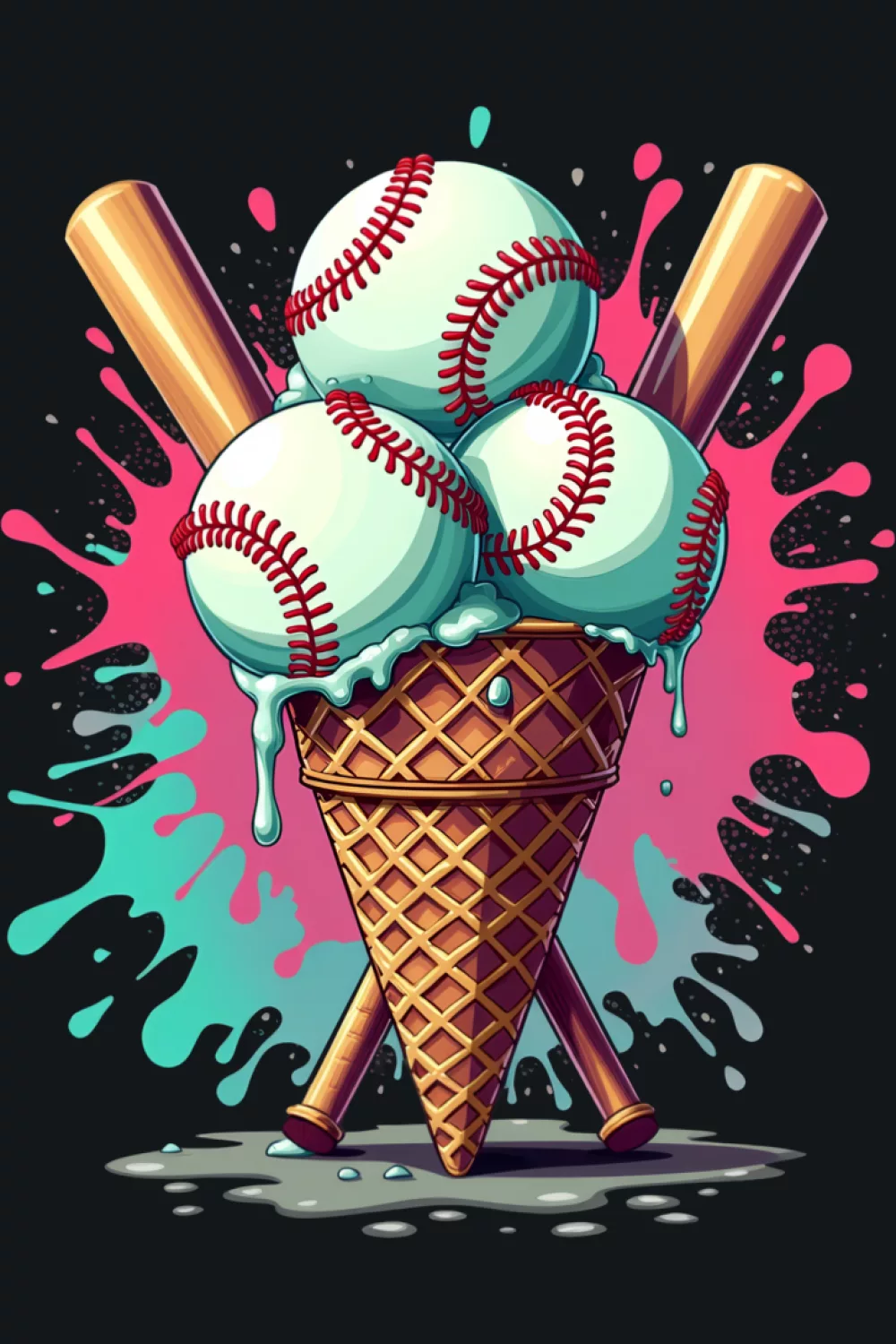 watercolor baseball ice cream cone with drips and bold splashes for game day style