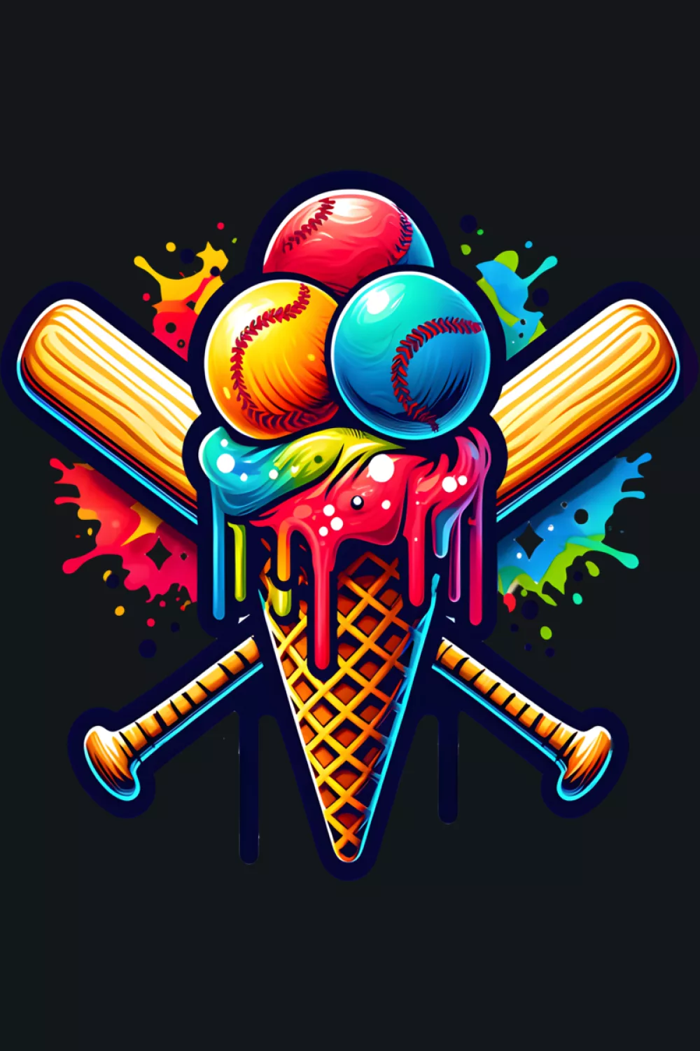 sprinkle drip baseball cone watercolor style with bright drips and sporty summer mood