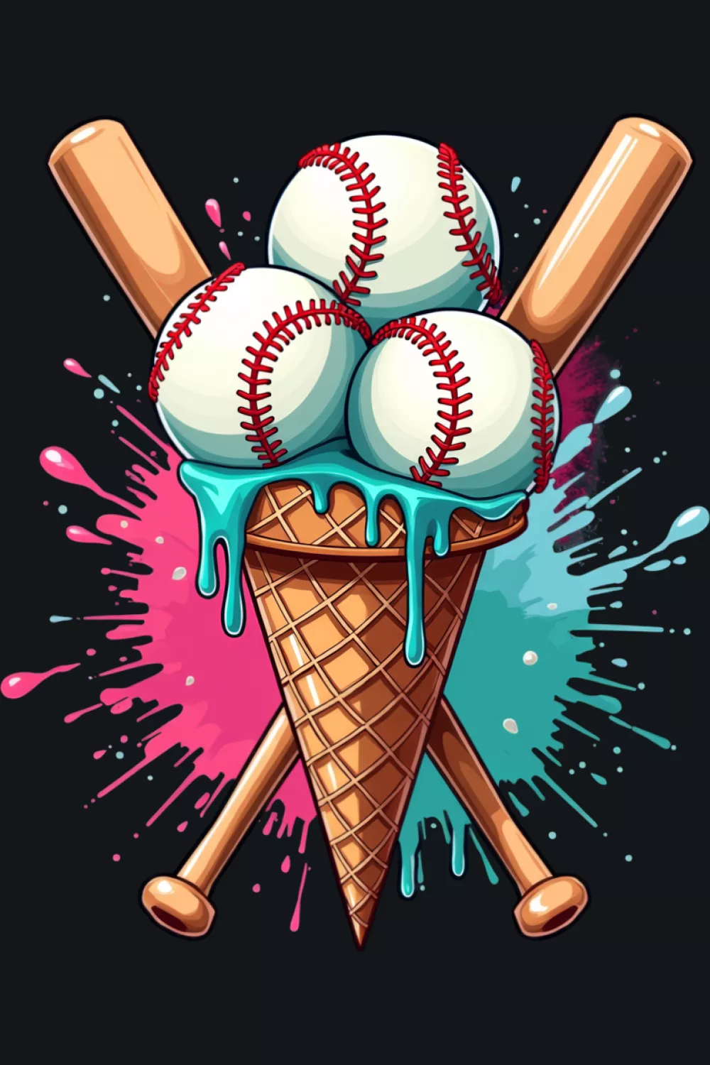 baseball ice cream cone watercolor with soft drips and bright splash accents