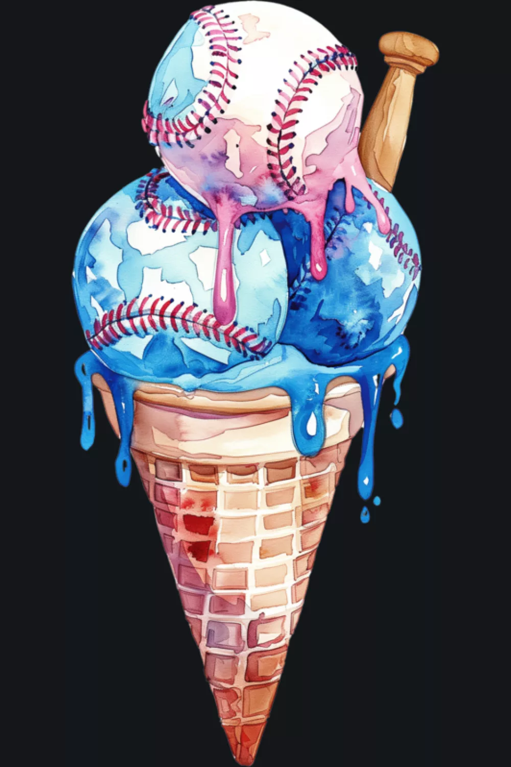 watercolor baseball ice cream cone with vibrant drips and playful summer colors