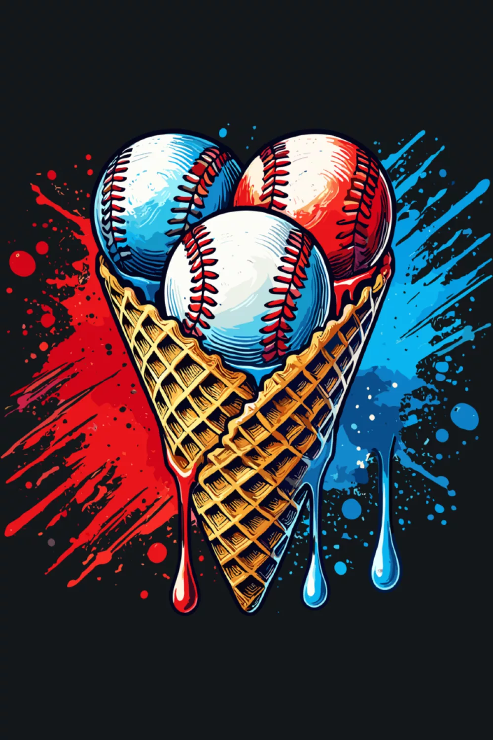 watercolor baseball ice cream cone with soft drips and bright summer fan vibe