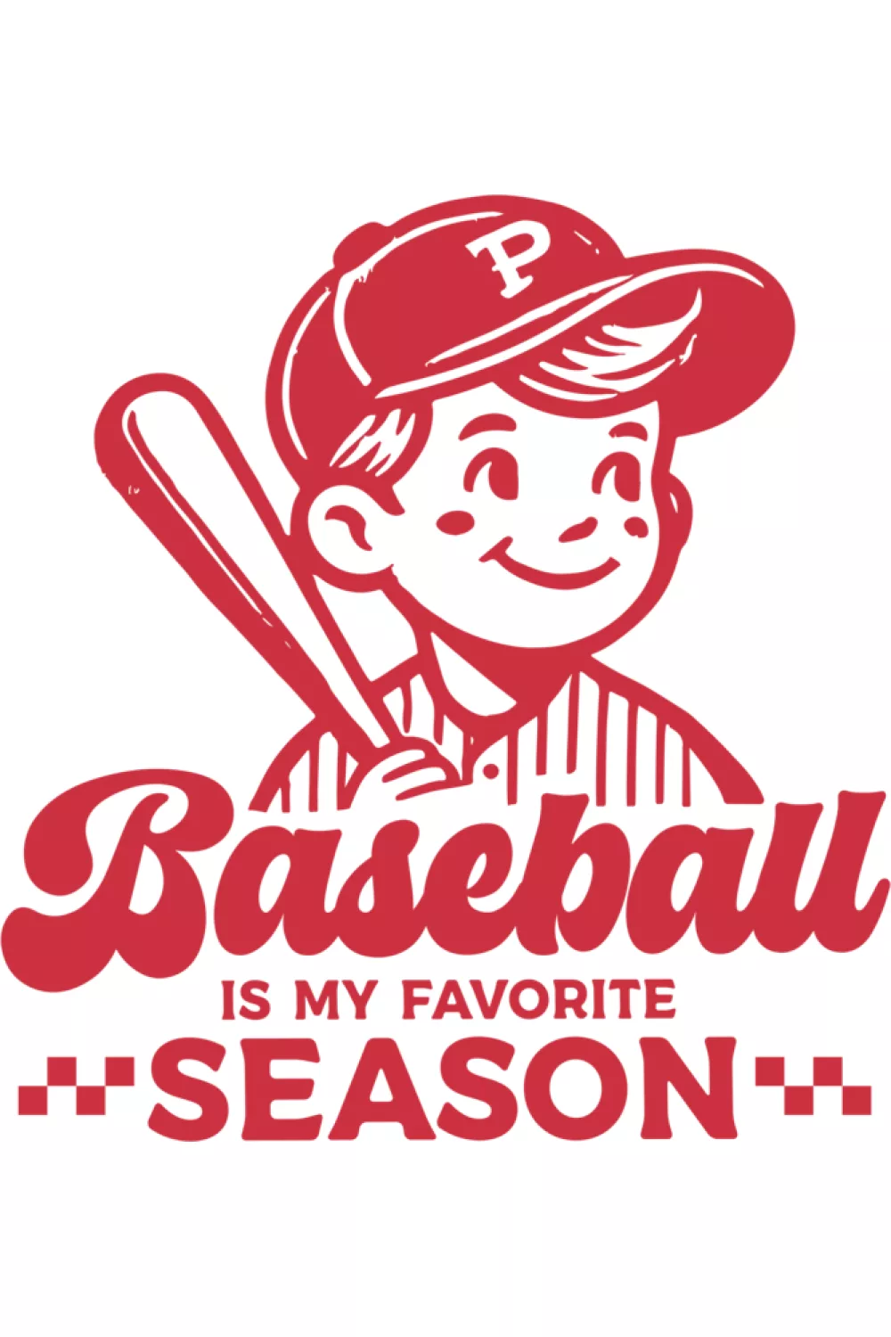 Retro cartoon player with Baseball Is My Favorite Season caption.