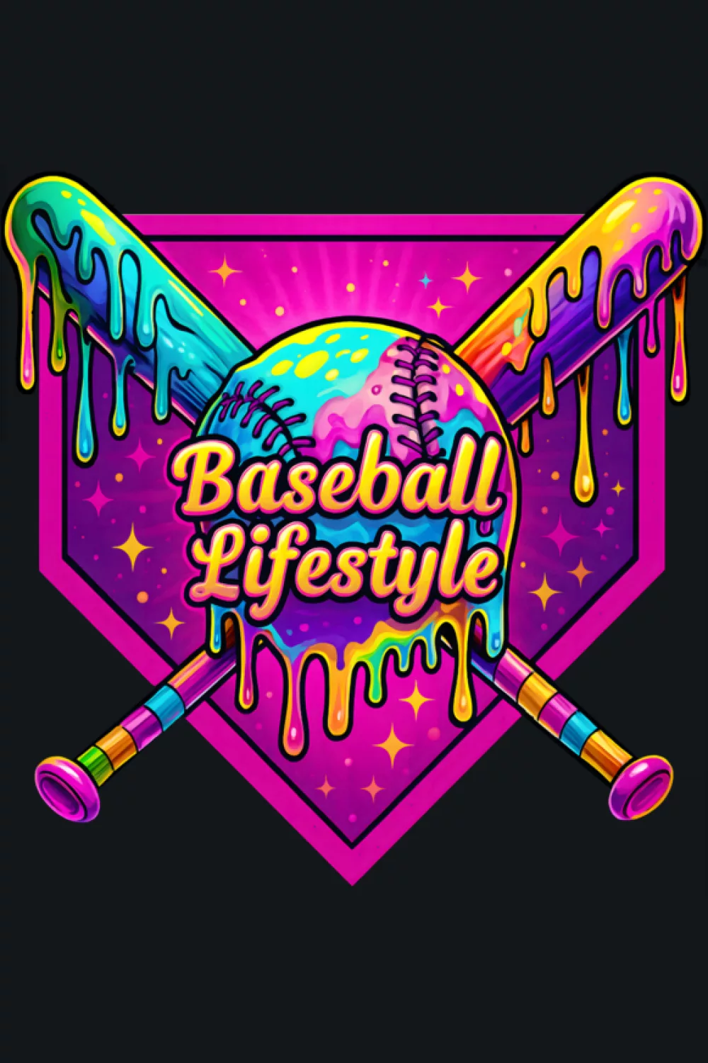 Lively baseball lifestyle drip graphic with compact chest logo style for youth fans
