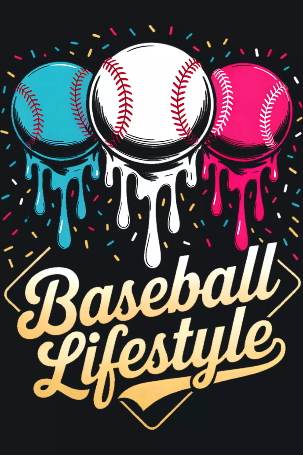 Neon baseball lifestyle drip graphic with large script lettering for youth fans