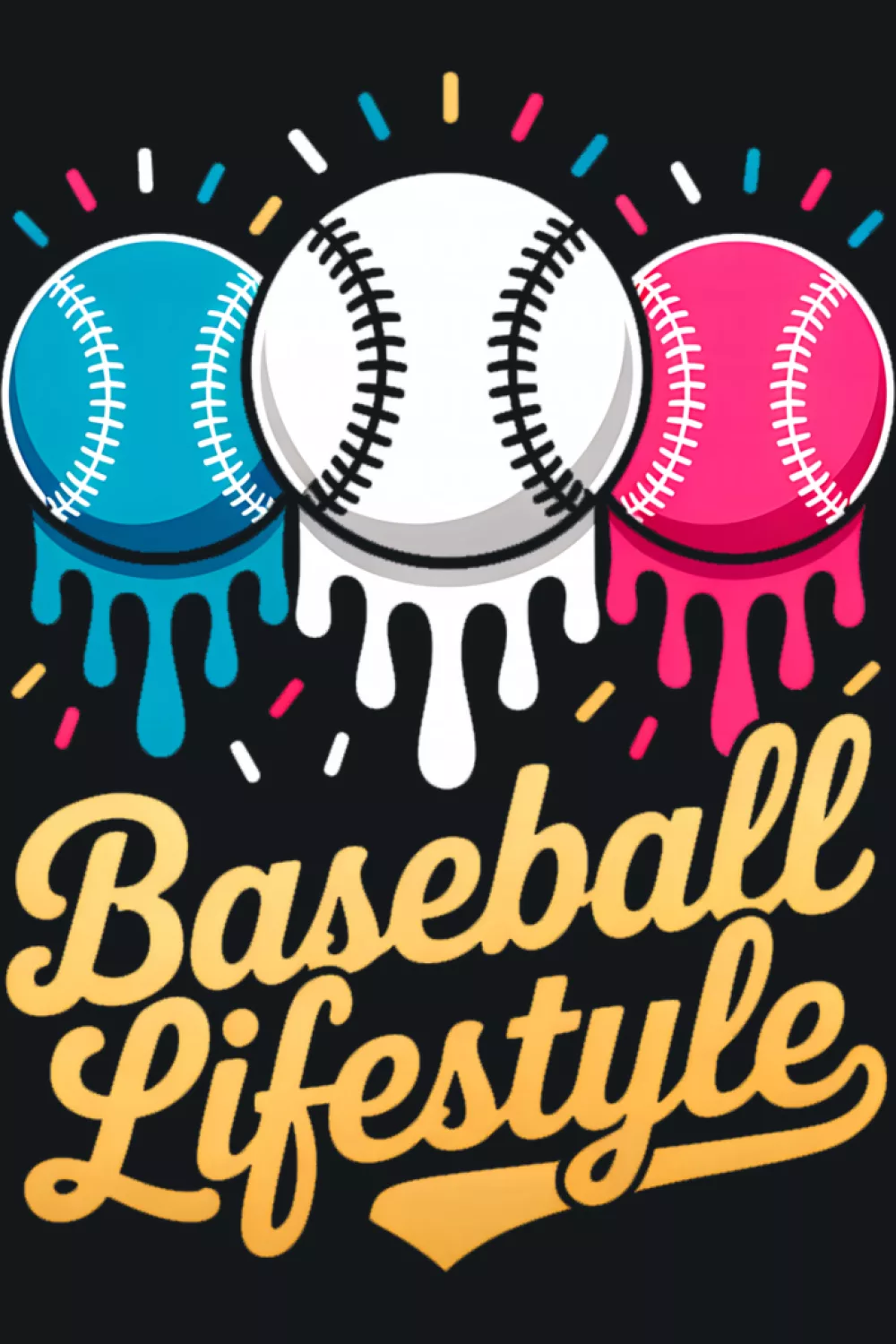 Bright baseball lifestyle drip graphic with stacked bats and balls for youth fans