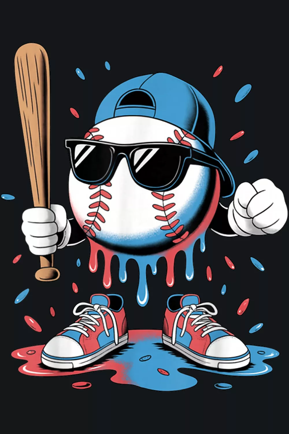 Mascot waves hello with a bat on shoulder