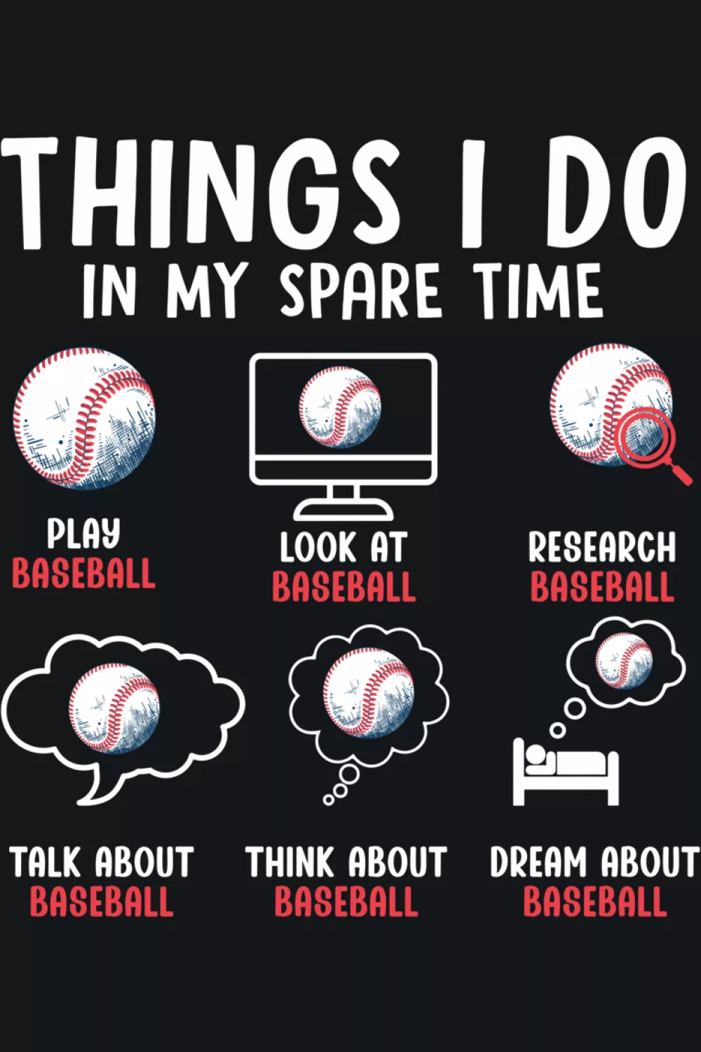 Six item baseball humor checklist with bold headings and icons that feel playful and clear.