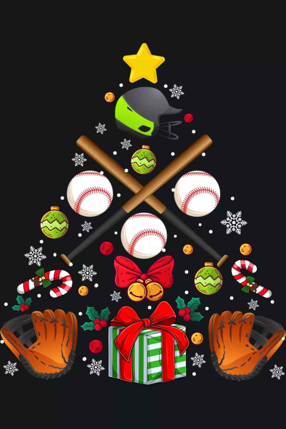 Baseball lover tree packed with balls lights and warm colors around the trunk.