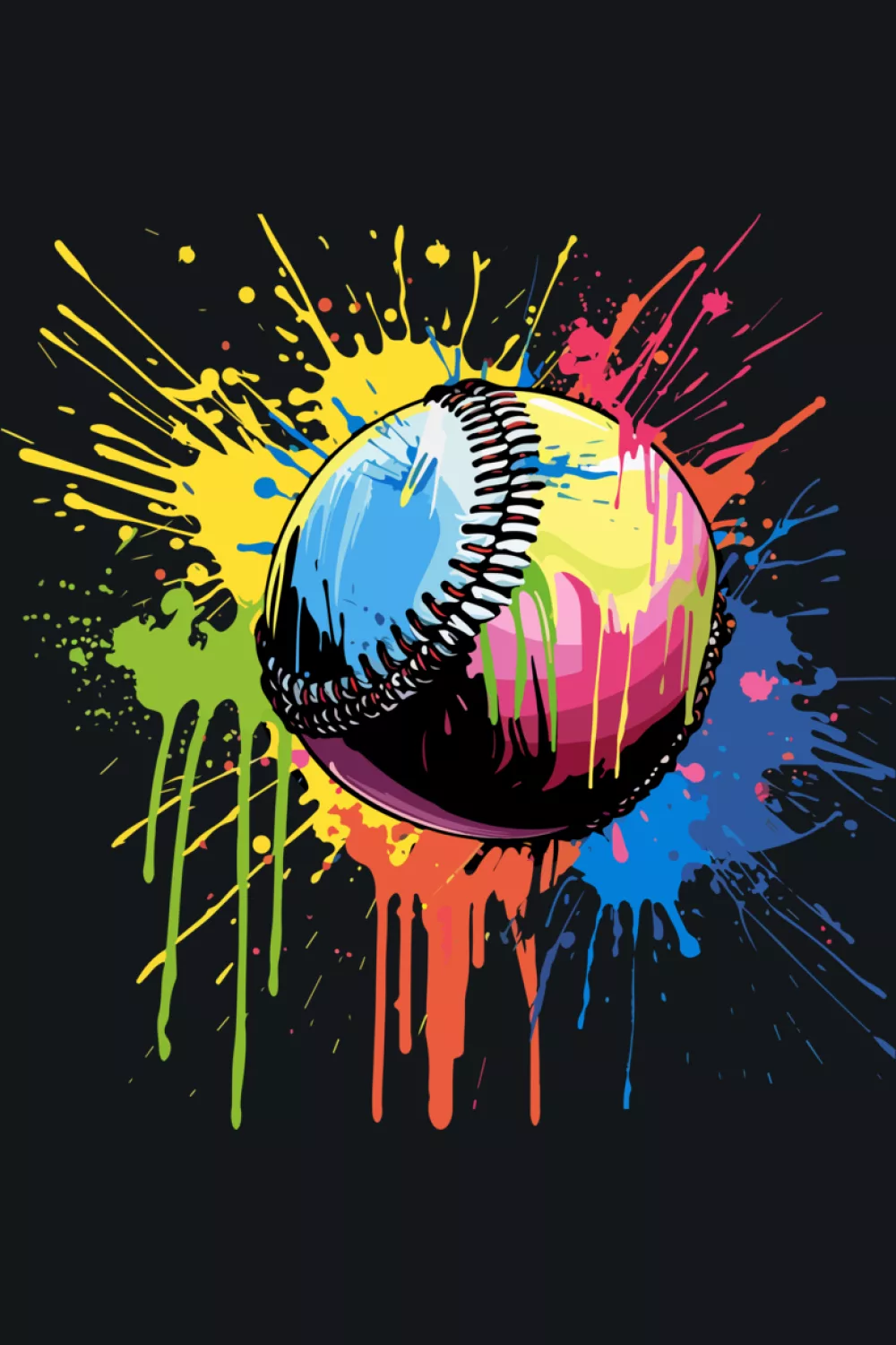 Baseball lover colorful ball splash art design with bold paint bursts around a classic baseball.