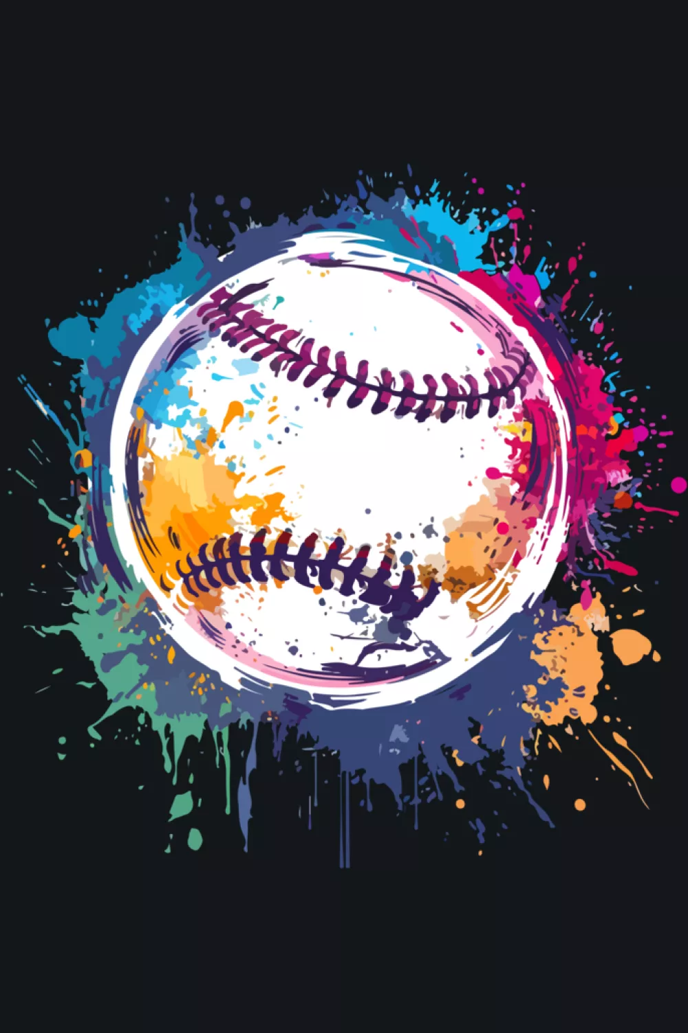 Colorful splash art baseball lover graphic with bright paint splatters and motion streaks.