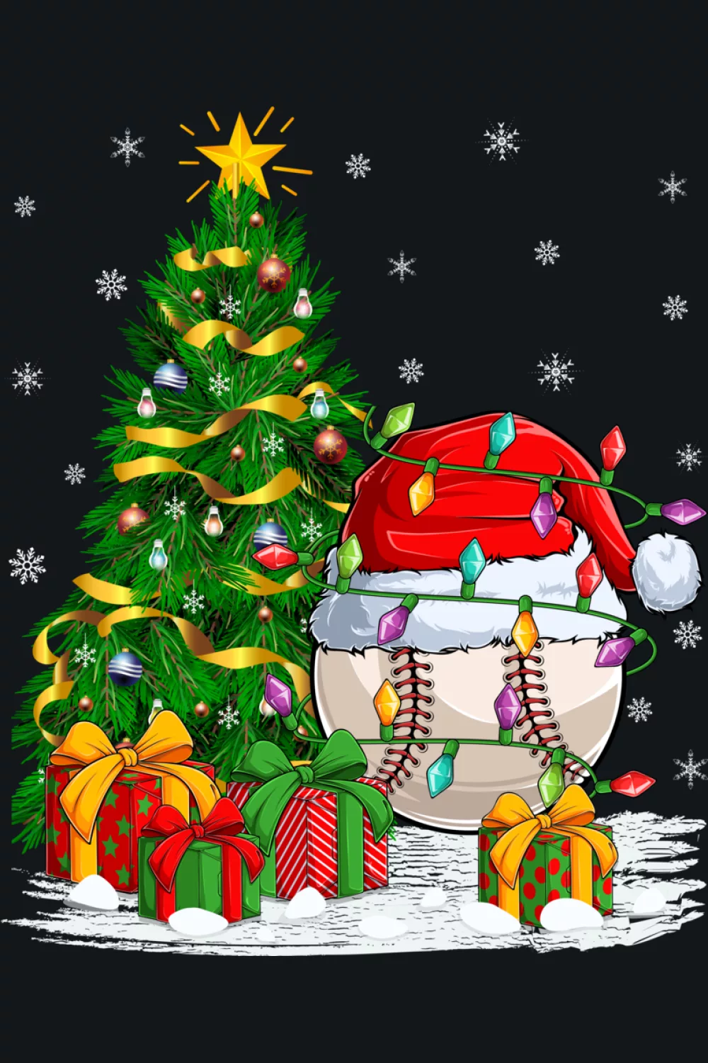 Santa stands beside a glowing baseball tree near a cozy house.