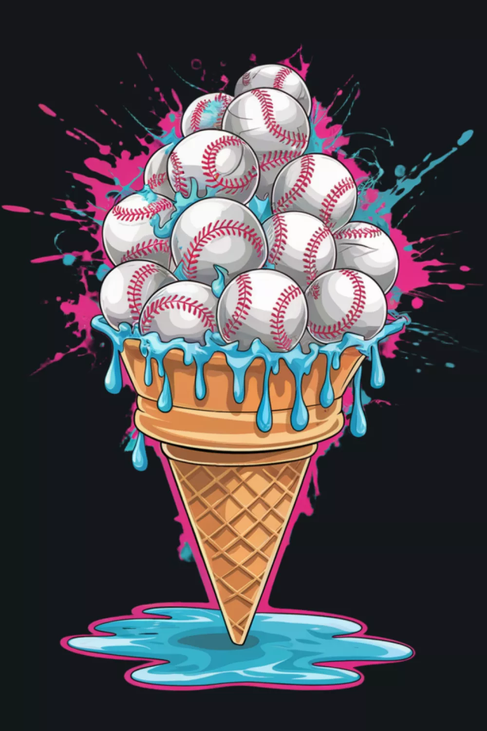 melting baseball ice cream cone with heavy drips and a bold summer treat vibe
