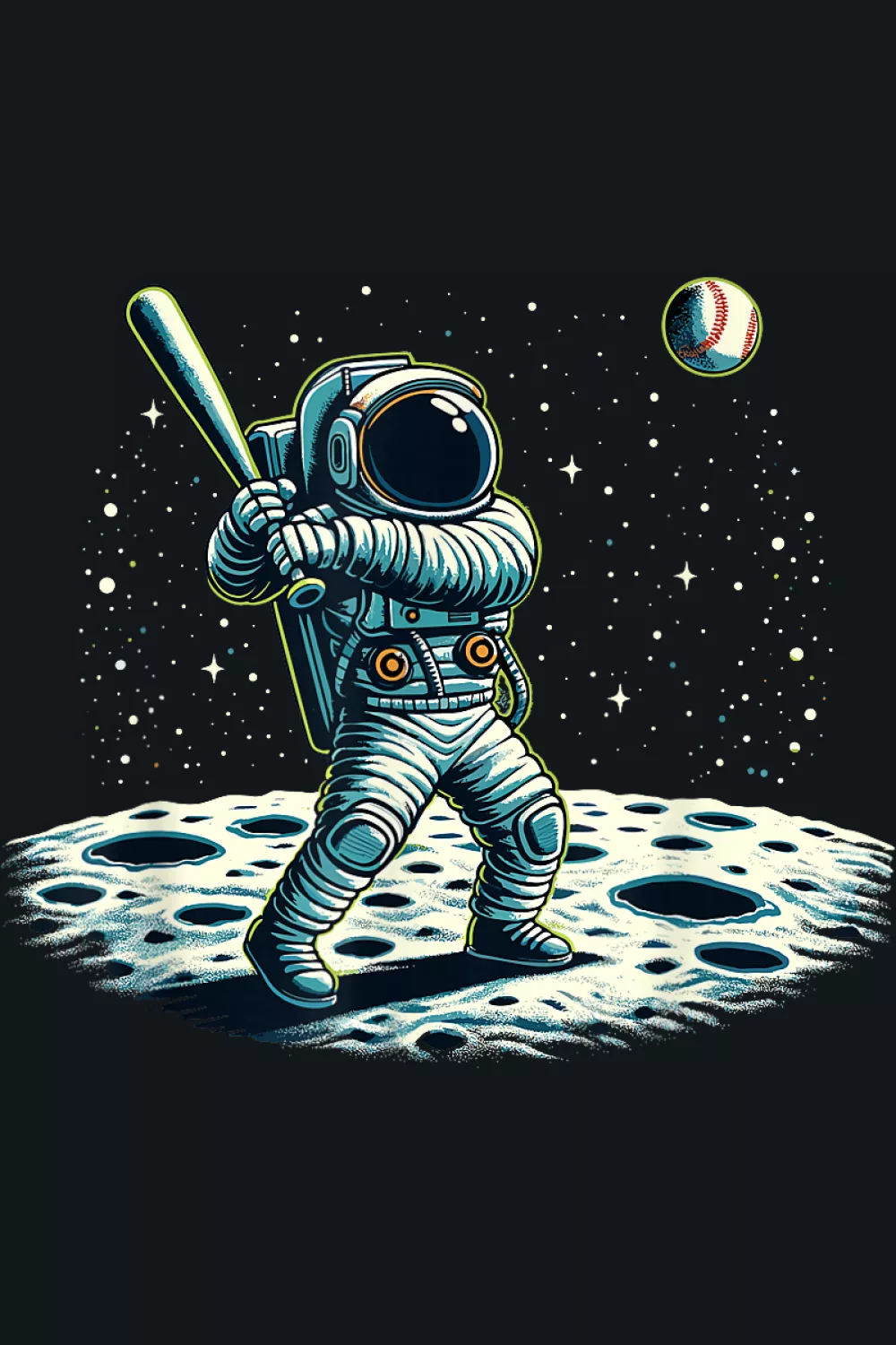 Playful astronaut waving while holding the bat on a crater field