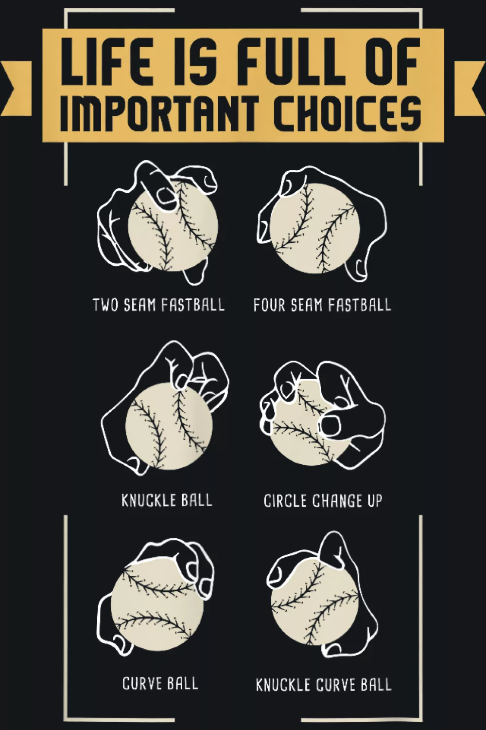 Life Is Full Of Important Choices Baseball Pitcher Shirts: Types Of Pitches For Fans And Players 33 Row of colorful pitch grips over a life choices tagline for pitchers.