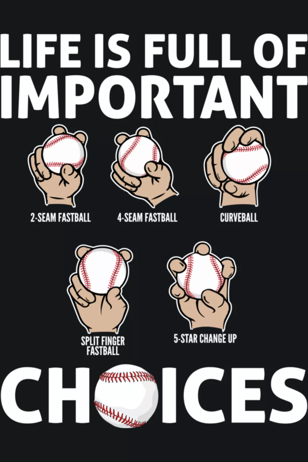 Life Is Full Of Important Choices Baseball Pitcher Shirts: Types Of Pitches For Fans And Players 34 Monochrome life choices baseball pitches graphic with strong text.