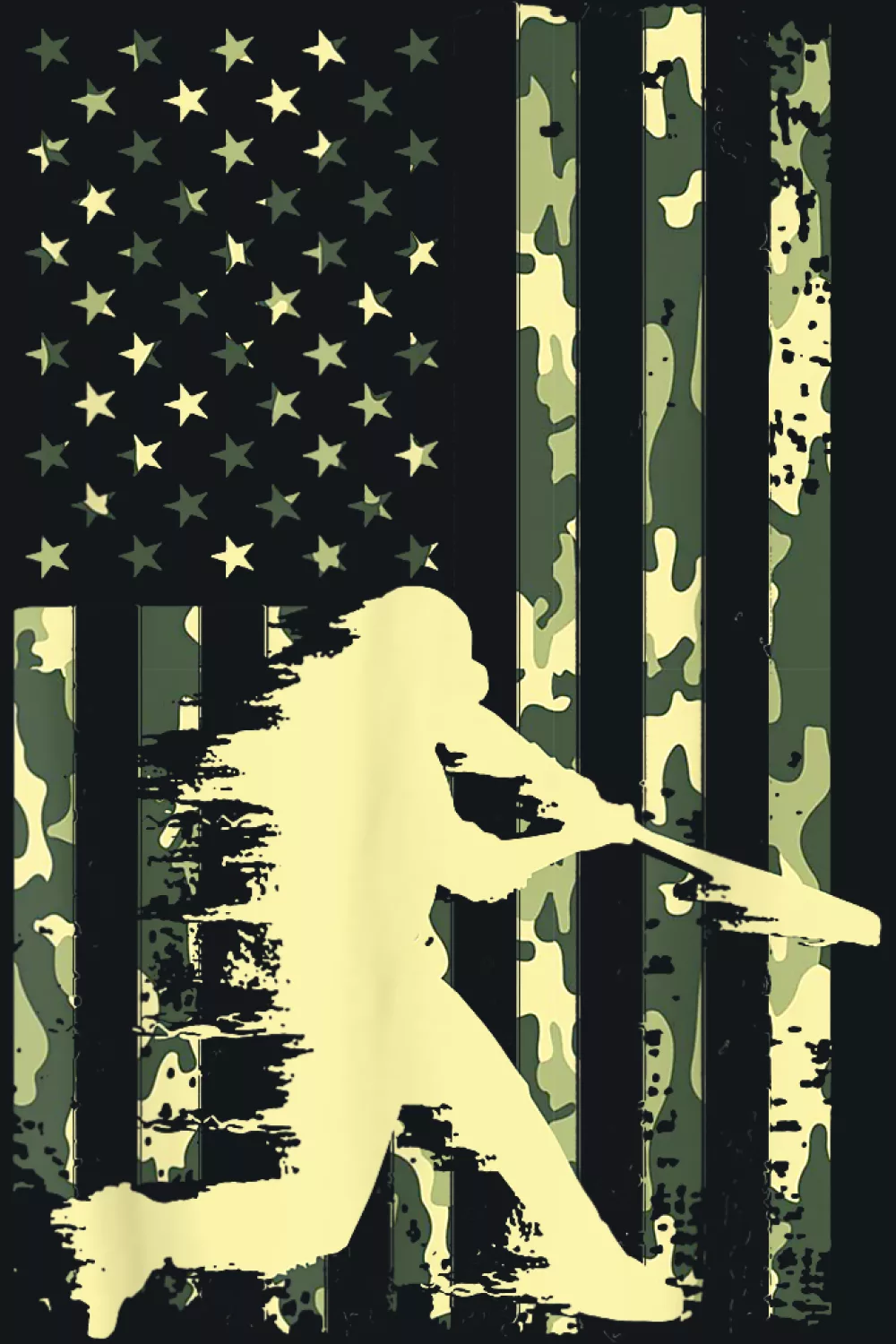 Player silhouette on distressed camo flag