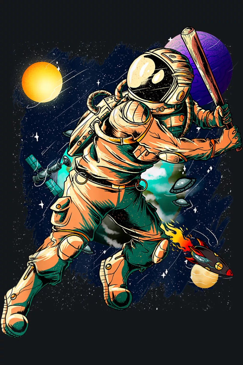 Deep space palette with rich teal and gold as a player leans into the swing