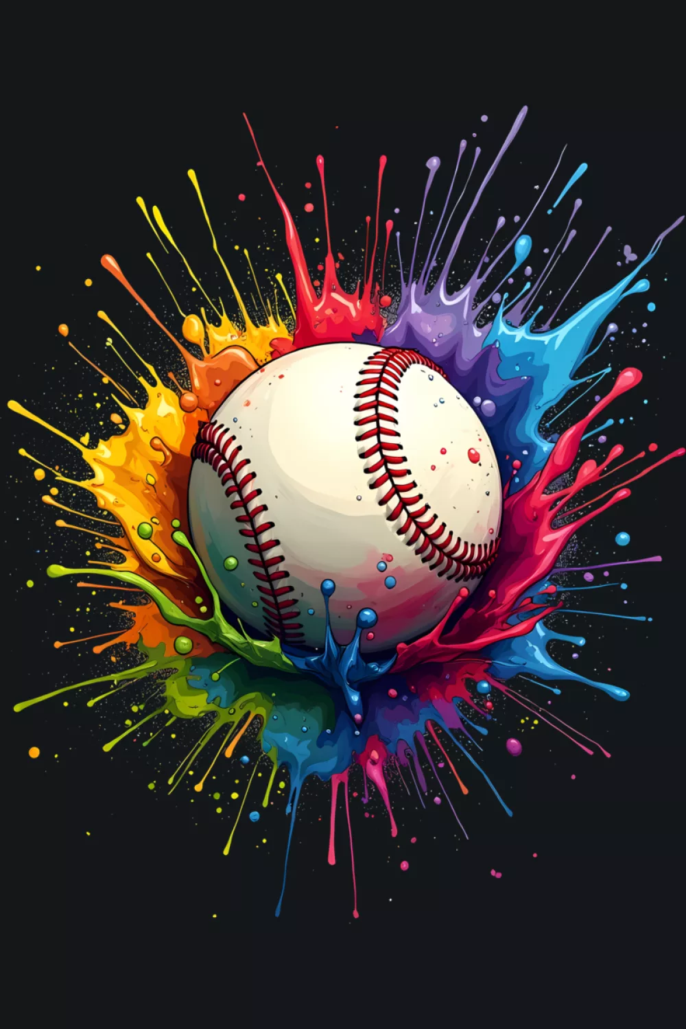 Baseball player color art with tie dye paint splatter effect, bold and energetic for players.
