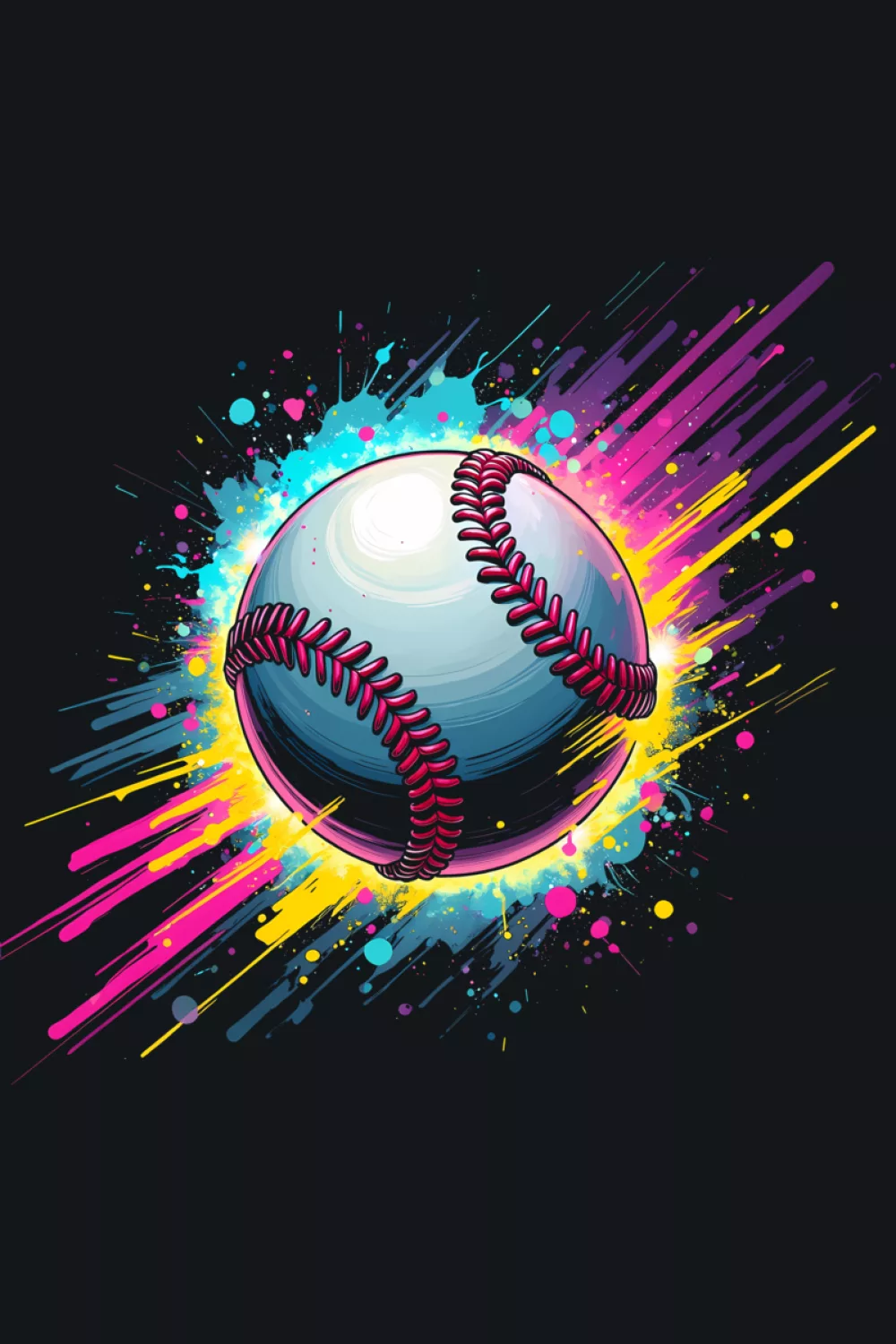 Colorful tie dye style baseball player fan graphic with paint splatter accents for sports lovers.