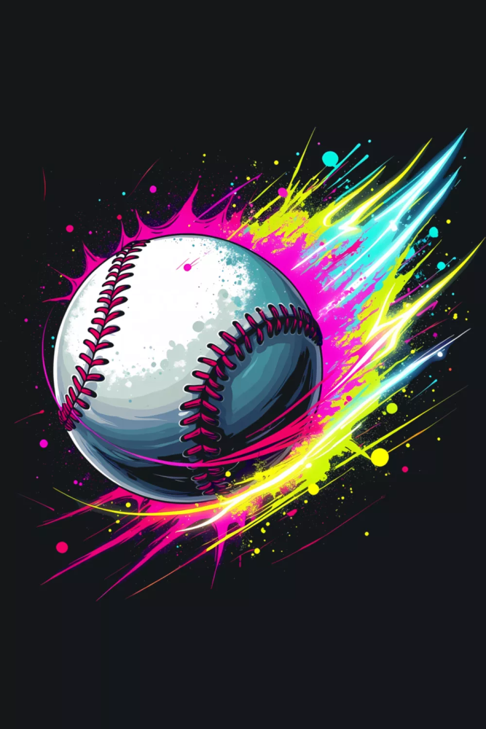 Baseball player colorful tie dye color art fan graphic for sports lovers with neon streak accents.